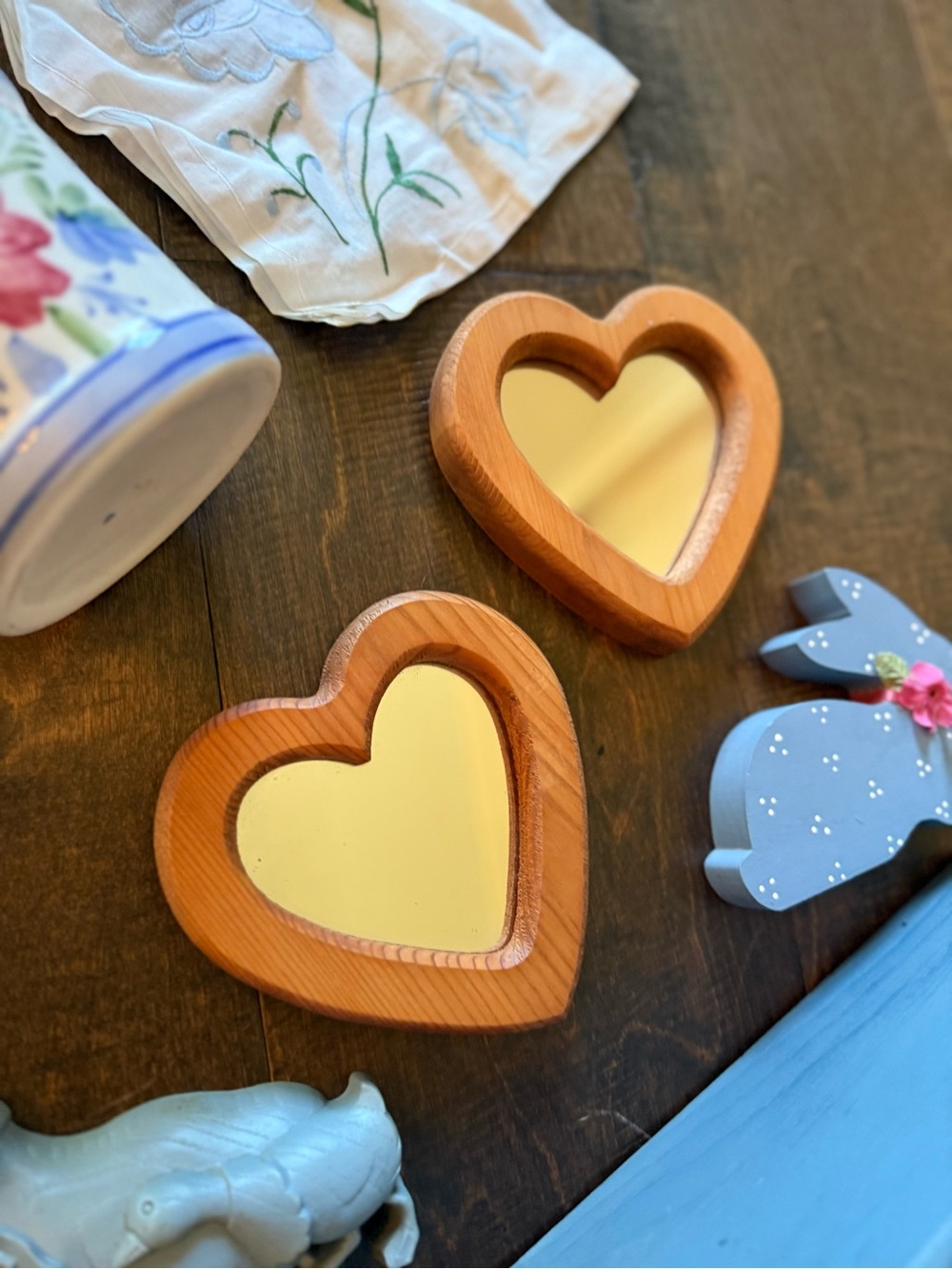 Wooden Heart Wall Mirrors - Natural Wood and Yellow - Unbranded